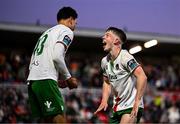 2 May 2025; Freddie Anderson of Cork City, left, celebrates with teammate Cathal O'Sullivan after scoring their side's first goal during the SSE Airtricity Men's Premier Division match between Cork City and Shamrock Rovers at Turner's Cross in Cork. Photo by Brendan Moran/Sportsfile