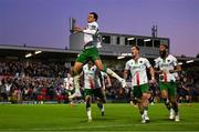 2 May 2025; Freddie Anderson of Cork City, left, celebrates with teammates after scoring their side's first goal during the SSE Airtricity Men's Premier Division match between Cork City and Shamrock Rovers at Turner's Cross in Cork. Photo by Brendan Moran/Sportsfile