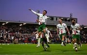 2 May 2025; Freddie Anderson of Cork City, left, celebrates with teammates after scoring their side's first goal during the SSE Airtricity Men's Premier Division match between Cork City and Shamrock Rovers at Turner's Cross in Cork. Photo by Brendan Moran/Sportsfile