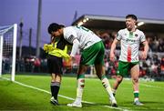 2 May 2025; Freddie Anderson of Cork City, right, celebrates with a ballboy after scoring their side's first goal during the SSE Airtricity Men's Premier Division match between Cork City and Shamrock Rovers at Turner's Cross in Cork. Photo by Brendan Moran/Sportsfile