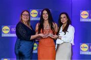 2 May 2025; The players selected on the Teams of the 2025 Lidl National Leagues were presented with their awards at Croke Park on Friday, May 2. The best players from the four divisions in the 2025 Lidl National Football Leagues were selected by the LGFA’s All Star committee. Áine Breen from Louth is pictured receiving her Division 3 award from Trina Murray, Ladies Gaelic Football Association President, and Christine McIntyre, Senior Partnerships and Events Manager, Lidl Ireland and Northern Ireland. Photo by Matt Browne/Sportsfile