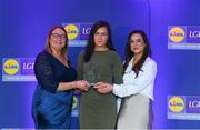 2 May 2025; The players selected on the Teams of the 2025 Lidl National Leagues were presented with their awards at Croke Park on Friday, May 2. The best players from the four divisions in the 2025 Lidl National Football Leagues were selected by the LGFA’s All Star committee. Clara Donnelly from Wexford is pictured receiving her Division 3 award from Trina Murray, Ladies Gaelic Football Association President, and Christine McIntyre, Senior Partnerships and Events Manager, Lidl Ireland and Northern Ireland. Photo by Matt Browne/Sportsfile