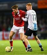 2 May 2025; Connor Malley of Sligo Rovers in action against Shane Farrell of Drogheda United during the SSE Airtricity Men's Premier Division match between Sligo Rovers and Drogheda United at The Showgrounds in Sligo. Photo by Piaras Ó Mídheach/Sportsfile