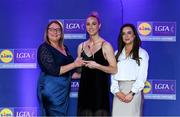 2 May 2025; The players selected on the Teams of the 2025 Lidl National Leagues were presented with their awards at Croke Park on Friday, May 2. The best players from the four divisions in the 2025 Lidl National Football Leagues were selected by the LGFA’s All Star committee. Kate Flood from Louth is pictured receiving her Division 3 award from Trina Murray, Ladies Gaelic Football Association President, and Christine McIntyre, Senior Partnerships and Events Manager, Lidl Ireland and Northern Ireland. Photo by Matt Browne/Sportsfile