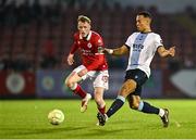 2 May 2025; Douglas James-Taylor of Drogheda United in action against Jake Doyle-Hayes of Sligo Rovers during the SSE Airtricity Men's Premier Division match between Sligo Rovers and Drogheda United at The Showgrounds in Sligo. Photo by Piaras Ó Mídheach/Sportsfile