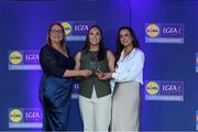 2 May 2025; The players selected on the Teams of the 2025 Lidl National Leagues were presented with their awards at Croke Park on Friday, May 2. The best players from the four divisions in the 2025 Lidl National Football Leagues were selected by the LGFA’s All Star committee. Aine Devlin from Antrim is pictured receiving her Division 4 award from Trina Murray, Ladies Gaelic Football Association President, and Christine McIntyre, Senior Partnerships and Events Manager, Lidl Ireland and Northern Ireland. Photo by Matt Browne/Sportsfile