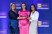2 May 2025; The players selected on the Teams of the 2025 Lidl National Leagues were presented with their awards at Croke Park on Friday, May 2. The best players from the four divisions in the 2025 Lidl National Football Leagues were selected by the LGFA’s All Star committee. Aisling Gilsenan from Cavan is pictured receiving her Division 3 award from Trina Murray, Ladies Gaelic Football Association President, and Christine McIntyre, Senior Partnerships and Events Manager, Lidl Ireland and Northern Ireland. Photo by Matt Browne/Sportsfile