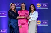 2 May 2025; The players selected on the Teams of the 2025 Lidl National Leagues were presented with their awards at Croke Park on Friday, May 2. The best players from the four divisions in the 2025 Lidl National Football Leagues were selected by the LGFA’s All Star committee. Aisling Gilsenan from Cavan is pictured receiving her Division 3 award from Trina Murray, Ladies Gaelic Football Association President, and Christine McIntyre, Senior Partnerships and Events Manager, Lidl Ireland and Northern Ireland. Photo by Matt Browne/Sportsfile