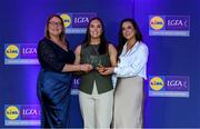 2 May 2025; The players selected on the Teams of the 2025 Lidl National Leagues were presented with their awards at Croke Park on Friday, May 2. The best players from the four divisions in the 2025 Lidl National Football Leagues were selected by the LGFA’s All Star committee. Aine Devlin from Antrim is pictured receiving her Division 4 award from Trina Murray, Ladies Gaelic Football Association President, and Christine McIntyre, Senior Partnerships and Events Manager, Lidl Ireland and Northern Ireland. Photo by Matt Browne/Sportsfile