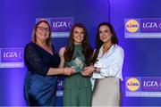 2 May 2025; The players selected on the Teams of the 2025 Lidl National Leagues were presented with their awards at Croke Park on Friday, May 2. The best players from the four divisions in the 2025 Lidl National Football Leagues were selected by the LGFA’s All Star committee. Niamh McIntosh from Antrim is pictured receiving her Division 3 award from Trina Murray, Ladies Gaelic Football Association President, and Christine McIntyre, Senior Partnerships and Events Manager, Lidl Ireland and Northern Ireland. Photo by Matt Browne/Sportsfile