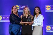 2 May 2025; The players selected on the Teams of the 2025 Lidl National Leagues were presented with their awards at Croke Park on Friday, May 2. The best players from the four divisions in the 2025 Lidl National Football Leagues were selected by the LGFA’s All Star committee. Shannan McQuade from Fermanagh is pictured receiving her Division 4 award from Trina Murray, Ladies Gaelic Football Association President, and Christine McIntyre, Senior Partnerships and Events Manager, Lidl Ireland and Northern Ireland. Photo by Matt Browne/Sportsfile