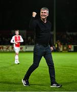 2 May 2025; St Patrick's Athletic manager Stephen Kenny celebrates after the SSE Airtricity Men's Premier Division match between St Patrick's Athletic and Galway United at Richmond Park in Dublin. Photo by David Fitzgerald/Sportsfile