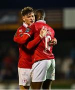 2 May 2025; Sligo Rovers players Owen Elding, left, and Francely Lomboto after the drawn SSE Airtricity Men's Premier Division match between Sligo Rovers and Drogheda United at The Showgrounds in Sligo. Photo by Piaras Ó Mídheach/Sportsfile