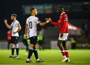 2 May 2025; Douglas James-Taylor of Drogheda United and Francely Lomboto of Sligo Rovers shake hands after the drawn SSE Airtricity Men's Premier Division match between Sligo Rovers and Drogheda United at The Showgrounds in Sligo. Photo by Piaras Ó Mídheach/Sportsfile