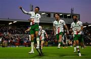 2 May 2025; Freddie Anderson of Cork City, left, celebrates with teammates after scoring their side's first goal during the SSE Airtricity Men's Premier Division match between Cork City and Shamrock Rovers at Turner's Cross in Cork. Photo by Brendan Moran/Sportsfile