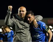2 May 2025; Waterford interim head coach Matt Lawlor celebrates with Padraig Amond after their side's victory in the SSE Airtricity Men's Premier Division match between Bohemians and Waterford at Dalymount Park in Dublin. Photo by Michael P Ryan/Sportsfile