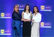 2 May 2025; The players selected on the Teams of the 2025 Lidl National Leagues were presented with their awards at Croke Park on Friday, May 2. The best players from the four divisions in the 2025 Lidl National Football Leagues were selected by the LGFA’s All Star committee. Eimear Smyth from Fermanagh is pictured receiving her Division 4 award from Trina Murray, Ladies Gaelic Football Association President, and Christine McIntyre, Senior Partnerships and Events Manager, Lidl Ireland and Northern Ireland. Photo by Matt Browne/Sportsfile