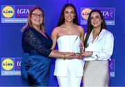 2 May 2025; The players selected on the Teams of the 2025 Lidl National Leagues were presented with their awards at Croke Park on Friday, May 2. The best players from the four divisions in the 2025 Lidl National Football Leagues were selected by the LGFA’s All Star committee. Cadhla-Cara Bogue from Fermanagh is pictured receiving her Division 4 award from Trina Murray, Ladies Gaelic Football Association President, and Christine McIntyre, Senior Partnerships and Events Manager, Lidl Ireland and Northern Ireland. Photo by Matt Browne/Sportsfile