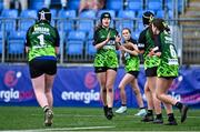 3 May 2025; The Portdara team celebrate scoring a try during the Leinster Rugby U14 Girls Cup final match between Mullingar Blue and Portdara at Energia Park in Dublin. Photo by Tyler Miller/Sportsfile