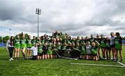 3 May 2025; The Portdara team celebrate with the trophy after the Leinster Rugby U14 Girls Cup final match between Mullingar Blue and Portdara at Energia Park in Dublin. Photo by Tyler Miller/Sportsfile