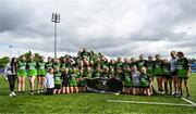 3 May 2025; The Portdara team celebrate with the trophy after the Leinster Rugby U14 Girls Cup final match between Mullingar Blue and Portdara at Energia Park in Dublin. Photo by Tyler Miller/Sportsfile