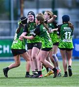 3 May 2025; Portdara players celebrate after the Leinster Rugby U14 Girls Cup final match between Mullingar Blue and Portdara at Energia Park in Dublin. Photo by Tyler Miller/Sportsfile