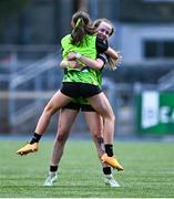 3 May 2025; Portdara players celebrate after the Leinster Rugby U14 Girls Cup final match between Mullingar Blue and Portdara at Energia Park in Dublin. Photo by Tyler Miller/Sportsfile