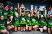 3 May 2025; The Portdara team celebrate with the trophy after the Leinster Rugby U16 Girls Plate final match between Portdara and Wicklow at Energia Park in Dublin. Photo by Tyler Miller/Sportsfile