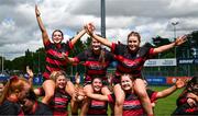3 May 2025; The Arklow team celebrate after the Leinster Rugby U16 Girls Cup final match between Athy and Arklow at Energia Park in Dublin. Photo by Tyler Miller/Sportsfile