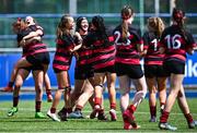 3 May 2025; The Arklow team celebrate after the Leinster Rugby U16 Girls Cup final match between Athy and Arklow at Energia Park in Dublin. Photo by Tyler Miller/Sportsfile
