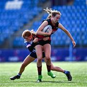 3 May 2025; Sophia White of Arklow is tackled by Lucy Whelan of Athy during the Leinster Rugby U16 Girls Cup final match between Athy and Arklow at Energia Park in Dublin. Photo by Tyler Miller/Sportsfile