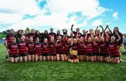 3 May 2025; The Arklow team celebrate with the trophy after the Leinster Rugby U16 Girls Cup final match between Athy and Arklow at Energia Park in Dublin. Photo by Tyler Miller/Sportsfile