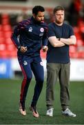 2 May 2025; Shelbourne strength and conditioning coach Mauro Martins and manager Damien Duff, right, before the SSE Airtricity Men's Premier Division match between Derry City and Shelbourne at The Ryan McBride Brandywell Stadium in Derry. Photo by Stephen McCarthy/Sportsfile