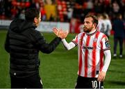 2 May 2025; Derry City's Paul McMullan and manager Tiernan Lynch after the SSE Airtricity Men's Premier Division match between Derry City and Shelbourne at The Ryan McBride Brandywell Stadium in Derry. Photo by Stephen McCarthy/Sportsfile