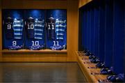 3 May 2025; The jerseys of Jamison Gibson-Park, Sam Prendergast and James Lowe in the Leinster dressingroom before the Investec Champions Cup semi-final match between Leinster and Northampton Saints at the Aviva Stadium in Dublin. Photo by Brendan Moran/Sportsfile