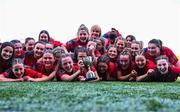 3 May 2025; The Mullingar team celebrate with the trophy after the Leinster Rugby U18 Girls Cup final match between Mullingar and Wexford Wanderers at Energia Park in Dublin. Photo by Tyler Miller/Sportsfile