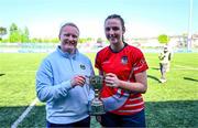 3 May 2025; Leinster and Ireland international Aoife Wafer presents the trophy to Moya Murtagh of Mullingar after the Leinster Rugby U18 Girls Cup final match between Mullingar and Wexford Wanderers at Energia Park in Dublin. Photo by Tyler Miller/Sportsfile