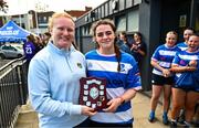 3 May 2025; Leinster and Ireland international Aoife Wafer presents the trophy to Gabby Cuddy of Athy after the Leinster Rugby U18 Girls Plate final match between Rhinos and Athy at Energia Park in Dublin. Photo by Tyler Miller/Sportsfile