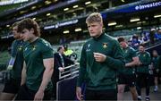 3 May 2025; Fin Smith of Northampton Saints, right, before the Investec Champions Cup semi-final match between Leinster and Northampton Saints at the Aviva Stadium in Dublin. Photo by Brendan Moran/Sportsfile