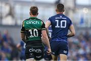 3 May 2025; Sam Prendergast of Leinster and Fin Smith of Northampton Saints during the Investec Champions Cup semi-final match between Leinster and Northampton Saints at the Aviva Stadium in Dublin. Photo by Brendan Moran/Sportsfile