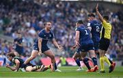 3 May 2025; James Lowe of Leinster, left, remonstrates with referee Pierre Brousset during the Investec Champions Cup semi-final match between Leinster and Northampton Saints at the Aviva Stadium in Dublin. Photo by Seb Daly/Sportsfile