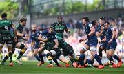 3 May 2025; Caelan Doris of Leinster is tackled by Fin Smith of Northampton Saints during the Investec Champions Cup semi-final match between Leinster and Northampton Saints at the Aviva Stadium in Dublin. Photo by Brendan Moran/Sportsfile