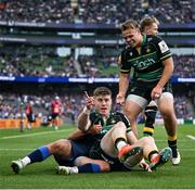 3 May 2025; Tommy Freeman of Northampton Saints celebrates after scoring his side's first try during the Investec Champions Cup semi-final match between Leinster and Northampton Saints at the Aviva Stadium in Dublin. Photo by David Fitzgerald/Sportsfile