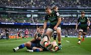 3 May 2025; Tommy Freeman of Northampton Saints celebrates after scoring his side's first try during the Investec Champions Cup semi-final match between Leinster and Northampton Saints at the Aviva Stadium in Dublin. Photo by David Fitzgerald/Sportsfile