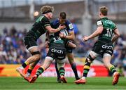 3 May 2025; Sam Prendergast of Leinster is tackled by Henry Pollock, left, and Fraser Dingwall of Northampton Saints during the Investec Champions Cup semi-final match between Leinster and Northampton Saints at the Aviva Stadium in Dublin. Photo by Brendan Moran/Sportsfile
