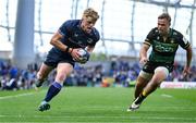 3 May 2025; Tommy O'Brien of Leinster on his way to scoring his side's first try during the Investec Champions Cup semi-final match between Leinster and Northampton Saints at the Aviva Stadium in Dublin. Photo by Brendan Moran/Sportsfile