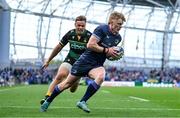 3 May 2025; Tommy O'Brien of Leinster on his way to scoring his side's first try during the Investec Champions Cup semi-final match between Leinster and Northampton Saints at the Aviva Stadium in Dublin. Photo by Brendan Moran/Sportsfile