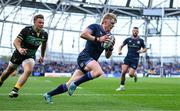 3 May 2025; Tommy O'Brien of Leinster on his way to scoring his side's first try during the Investec Champions Cup semi-final match between Leinster and Northampton Saints at the Aviva Stadium in Dublin. Photo by Brendan Moran/Sportsfile