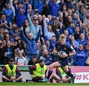 3 May 2025; Tommy O'Brien of Leinster on his way to scoring his side's first try during the Investec Champions Cup semi-final match between Leinster and Northampton Saints at the Aviva Stadium in Dublin. Photo by Seb Daly/Sportsfile