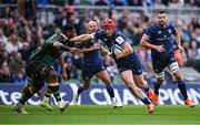 3 May 2025; Josh van der Flier of Leinster in action against Temo Mayanavanua of Northampton Saints during the Investec Champions Cup semi-final match between Leinster and Northampton Saints at the Aviva Stadium in Dublin. Photo by Seb Daly/Sportsfile